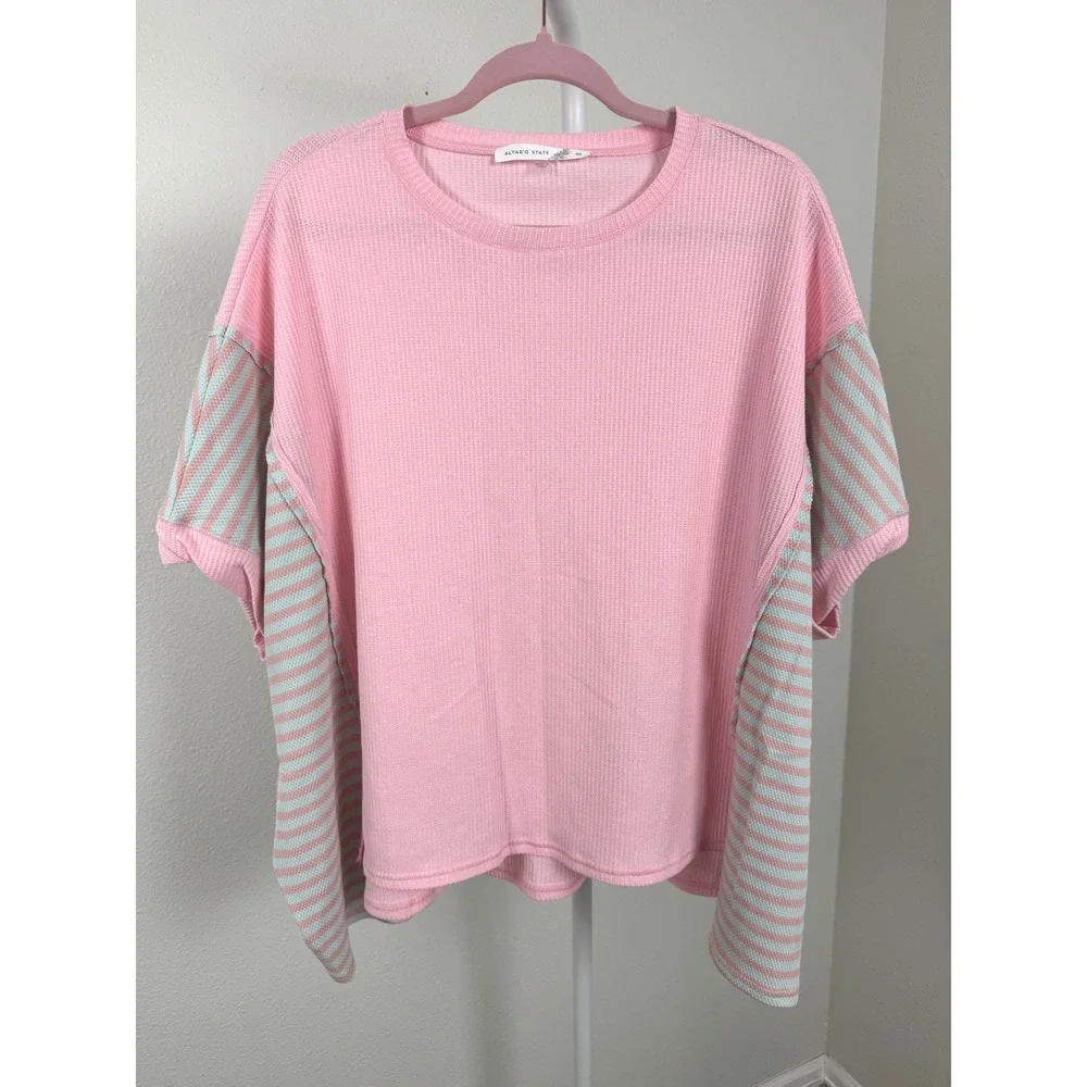 Altar'd State Pink Waffle Knit Striped Contrast Oversized Dolman Sleeve Top XS